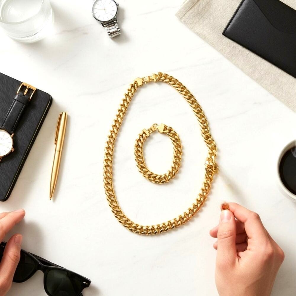 14K Gold Plated Miami Cuban Link Chain & Bracelet Set Unisex